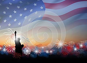 American flag with fireworks at twilight background design