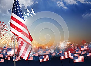 American flag with fireworks at twilight background design