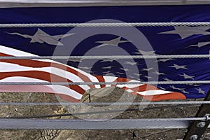 American Flag flies over the cables and wires of the Gatlinburg SKyline Walk.