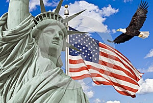 American Flag, flying bald Eagle,statue of liberty