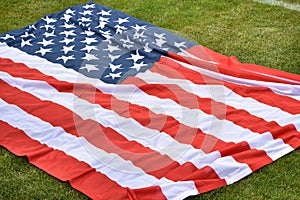 American flag on a football field, background, closeup