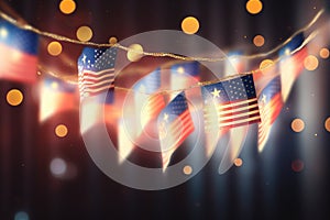 American flag garland with bokeh lights. 3d rendering, A garland of Malaysia national flags on an abstract blurred background, AI