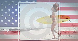 American flag with glitch effect against african american woman with surfboard running on the beach