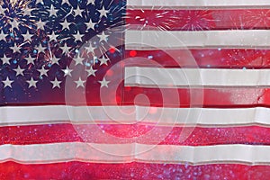 American flag with glitter bokeh background and fireworks