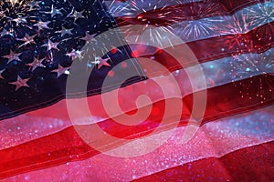 American flag with glitter bokeh background and fireworks