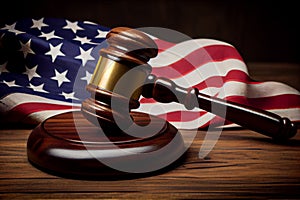 American flag, a golden scale and a judges gavel symbolizing the American justice system or the Judicial Branch of