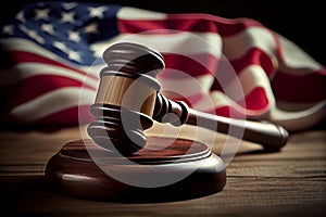 American flag, a golden scale and a judges gavel symbolizing the American justice system or the Judicial Branch of