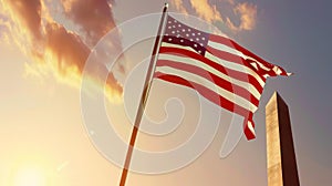 American flag at half mast by monument at sunset, clean noface stock image, Ai Generated