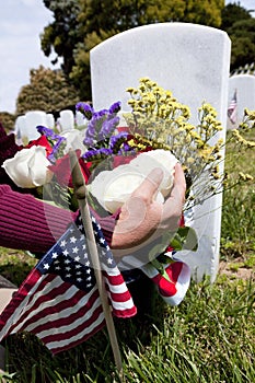 American Flag and Headstones at United States National Cemetery