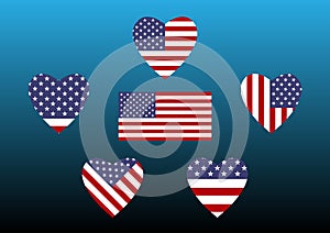 American flag in Heart icon design. Symbol of Independence Day. Patriotic Stickers for 4th of July. Love USA concept