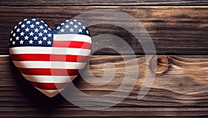 American Flag Heart on Wooden Table: Patriotic Symbol of Love - Generative AI