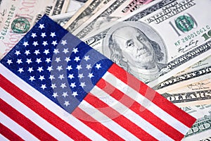 American flag on hundred dollar bill background. Money, cash background. Financial concept.