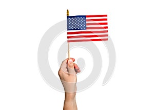 American Flag in man hand. 4th of July Independence Day. US starry striped patriotic symbol. United States of America.