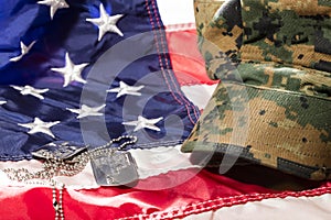 American Flag With Military Cover and Dog Tags