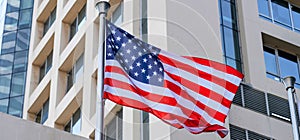 American flag and Modern buildings in the metropolis wide panoramic