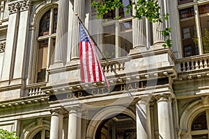 American flag on the Old City Hall building in Boston