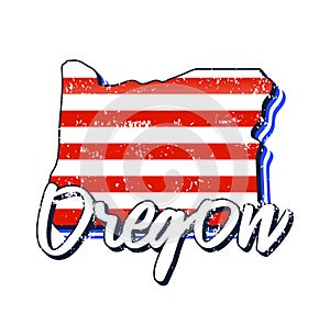 American flag in oregon state map. Vector grunge style with Typography hand drawn lettering oregon on map shaped old grunge