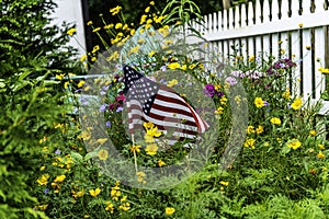 American flag outdoors in garden of wildflowers