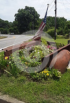 American Flag over flowers