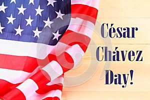 American Flag Over Whitewashed Wood Background For United States Holidays. Cesar Chavez Day photo