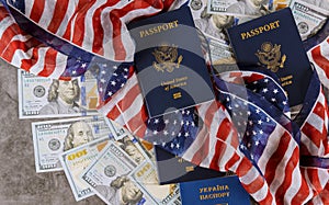 American flag and passports with the symbols of the United States of America