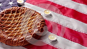 American flag, pie and candles.