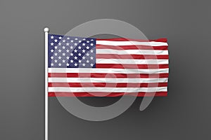 American flag on a pole, gray background with shadow, 3d illustration