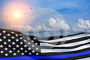 American flag with police support symbol Thin blue line on blue cloudy sky with birds