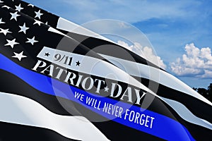 American flag with police support symbol Thin blue line. Patriot day.