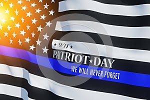 American flag with police support symbol Thin blue line. Patriot day.