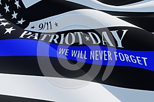 American flag with police support symbol Thin blue line. Patriot day.