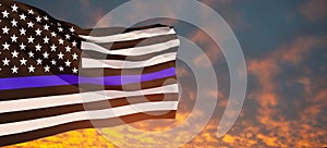 American flag with police support symbol Thin blue line on sunset sky.