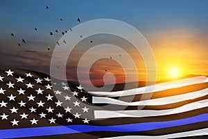 American flag with police support symbol Thin blue line on sunset sky with birds.