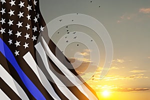 American flag with police support symbol Thin blue line on sunset sky with birds.