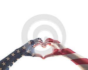 American flag red white blue star pattern on people hands in heart love shape isolated on white background: USA patriot, veterans