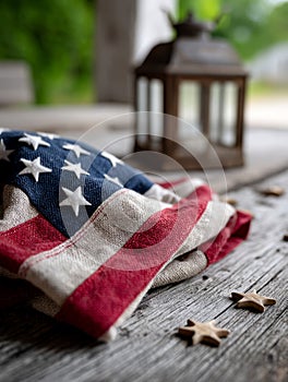 American flag on rustic table with lantern in background.