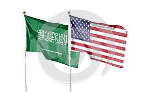 American flag and Saudi Arabia flag on cloudy sky.