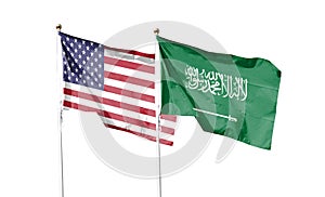 American flag and Saudi Arabia flag on cloudy sky.