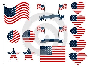 American flag set. Collection of symbols with the flag of the United States of America. Vector