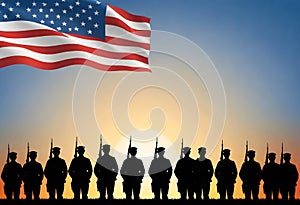 an american flag with silhouette of us army is standing in front of a sun