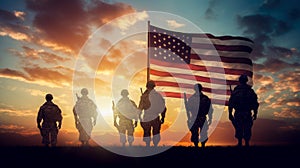 American Flag with Silhouettes of Military Soldiers on the Sunset Background