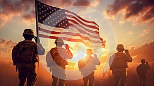 American Flag with Silhouettes of Military Soldiers on the Sunset Background