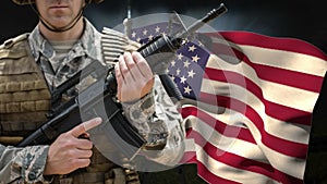 American flag and soldier with weapon