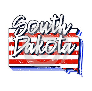 American flag in south dakota state map. Vector grunge style with Typography hand drawn lettering south dakota on map shaped old