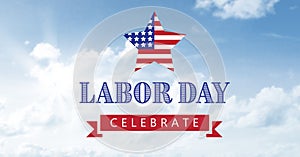 American flag on star and happy labor day text against clouds in blue sky