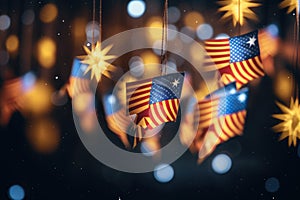American flag and stars on bokeh background. 3d rendering, A garland of Malaysia national flags on an abstract blurred background