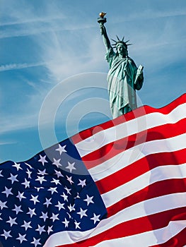 American flag and the Statue of liberty. Background for independence day - 4th of July