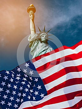 American flag and the Statue of liberty. Background for independence day - 4th of July