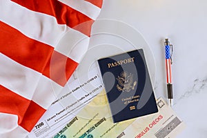 American flag on Stimulus financial relief check to the Passport of USA