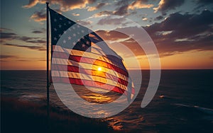 American flag at sunset or USA celebrates 4th of July. Ai generative